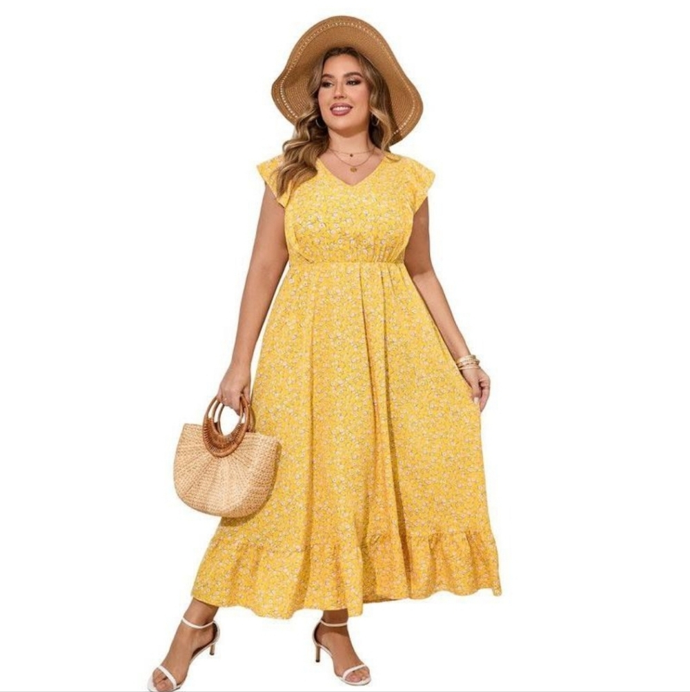 Coolmee Women's Summer Boho Dress Ruffle Cap Sleeve V-Neck Maternity M